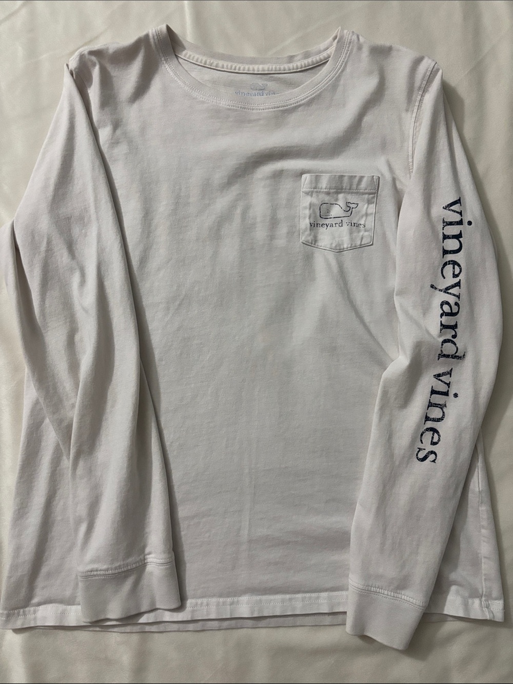 Vineyard Vines White Long Sleeve Pocket Tee with Navy Sleeve Script